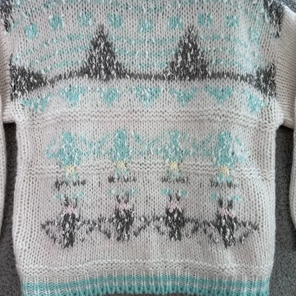 VTG Helium 80's Women's Large Knit Sweater Crew Neck White‎ / Gray / Blue